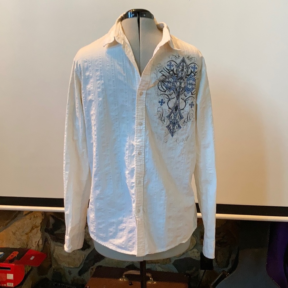 Men’s button down 💯 % cotton dress shirt with cross imagery, cream color